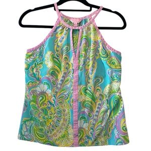 Lilly Pulitzer Tillie 100% Silk Halter Top Women Small Shorely Blue Paisley Tank